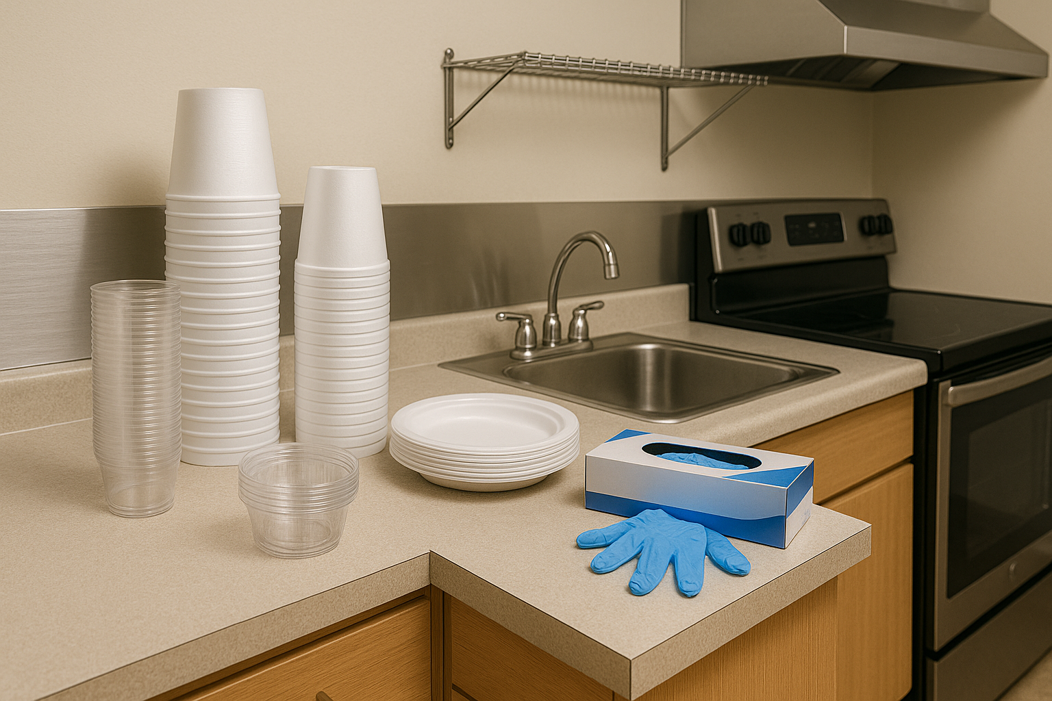 Healthcare kitchen and dietary area with disposable cups, plates, bowls and gloves